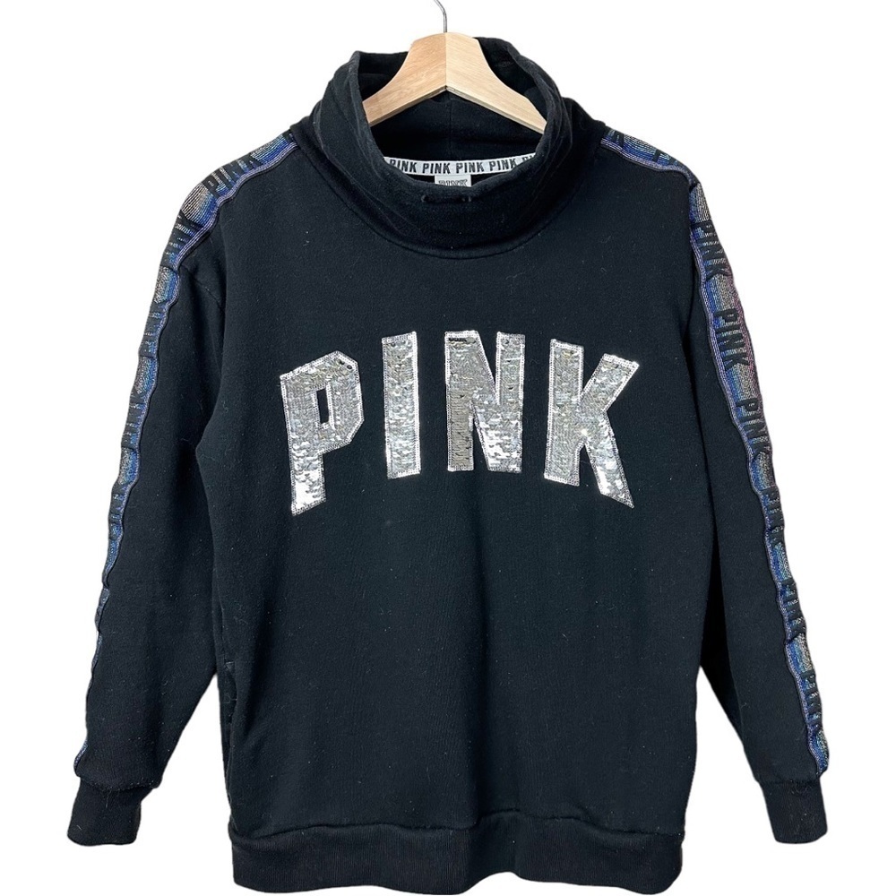 PINK Victoria's Secret Black Fleece Cowlneck Sequins Longsleeves Women XS